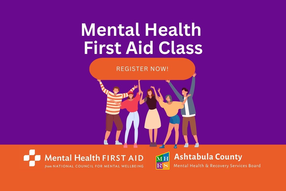 Mental Health First Aid Class with MHFA logo and Ashtabula County MHRS logo
