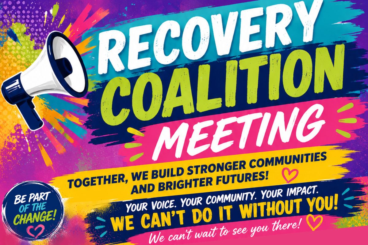 Colorful graphic with a speaker and wording Recovery Coalition Meeting