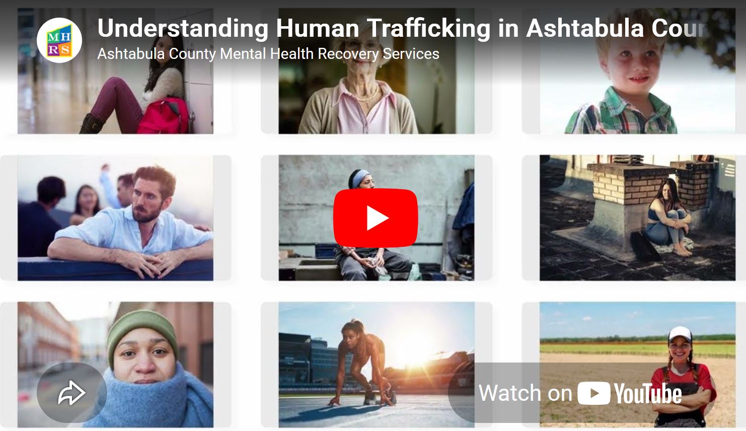 A grid of nine diverse portraits featuring people of different ages and backgrounds, overlaid with a YouTube play button and text reading "Understanding Human Trafficking in Ashtabula County."