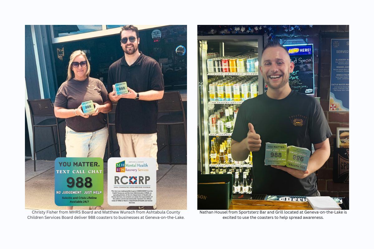 Two side-by-side photos showing Christy Fisher, Matthew Wunsch, and Nathan Housel holding promotional coasters for the 988 Suicide and Crisis Lifeline at businesses in Geneva-on-the-Lake.