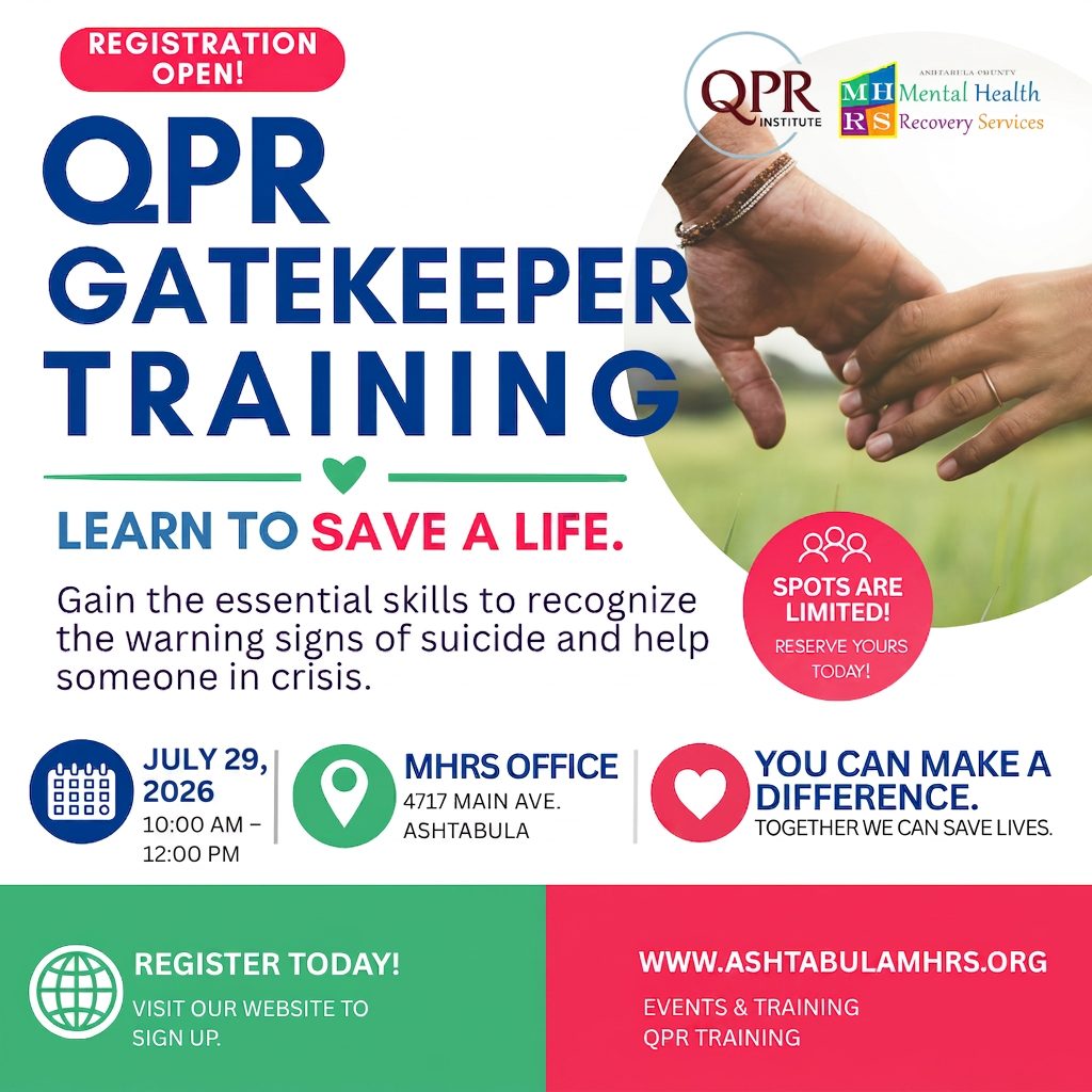 QPR Gatekeeper Suicide Prevention Training flyer at the Ashtabula MHRS office.