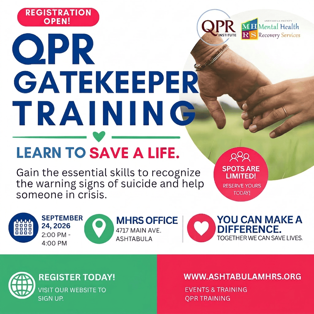 QPR Gatekeeper Suicide Prevention Training flyer at the Ashtabula MHRS office.